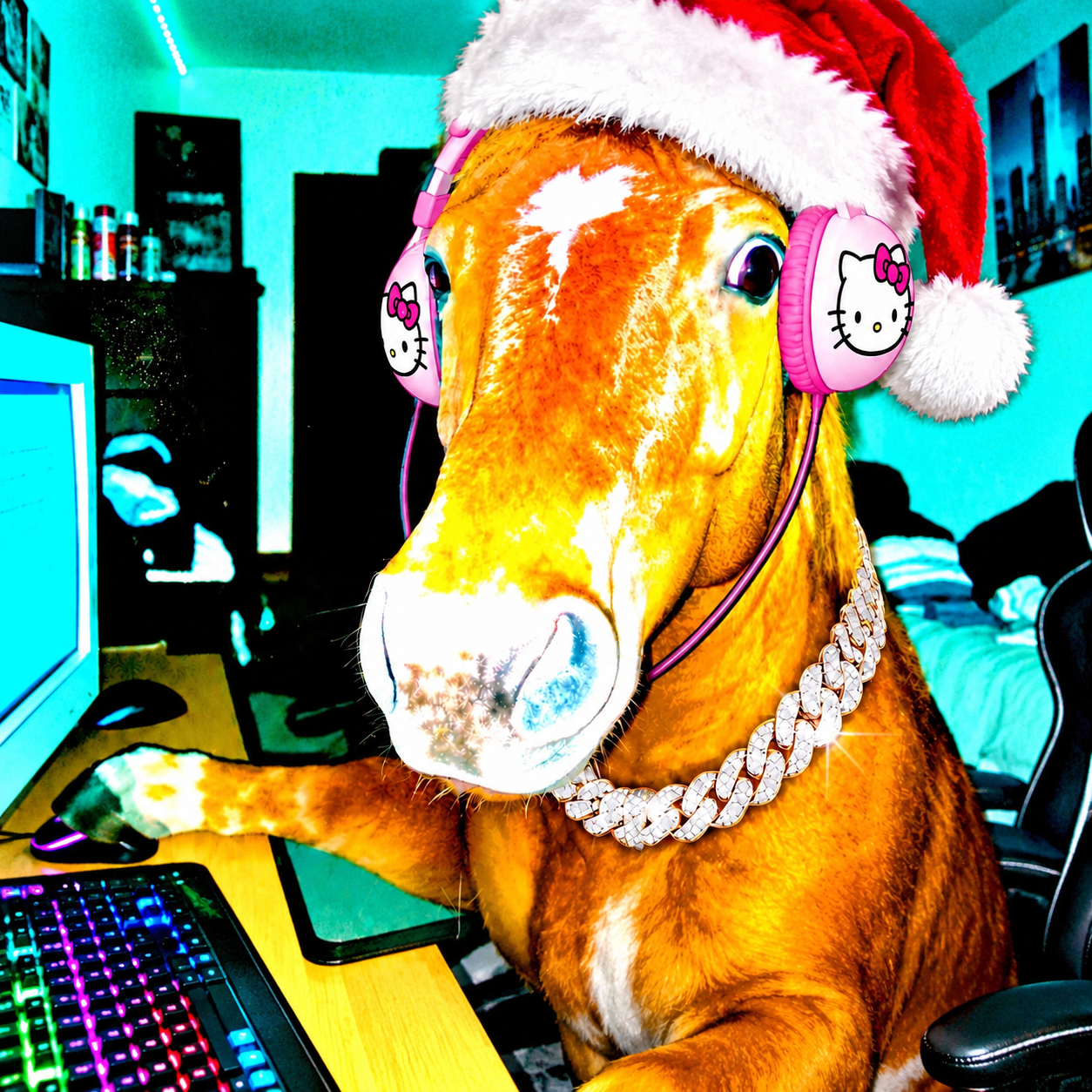 HRNYHORSE mascot wearing pink headphones and a Santa hat